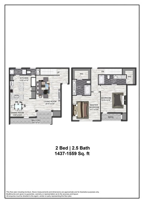 A floor plan of a 2 bedroom, 2.5 bath house.